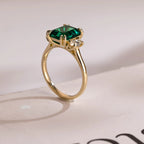 Lab Grown Emerald Engagement Ring, Solid Gold Three Stone Ring, Gift for Her