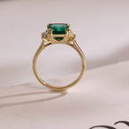 Lab Grown Emerald Engagement Ring, Solid Gold Three Stone Ring, Gift for Her