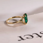 Lab Grown Emerald Engagement Ring, Solid Gold Three Stone Ring, Gift for Her