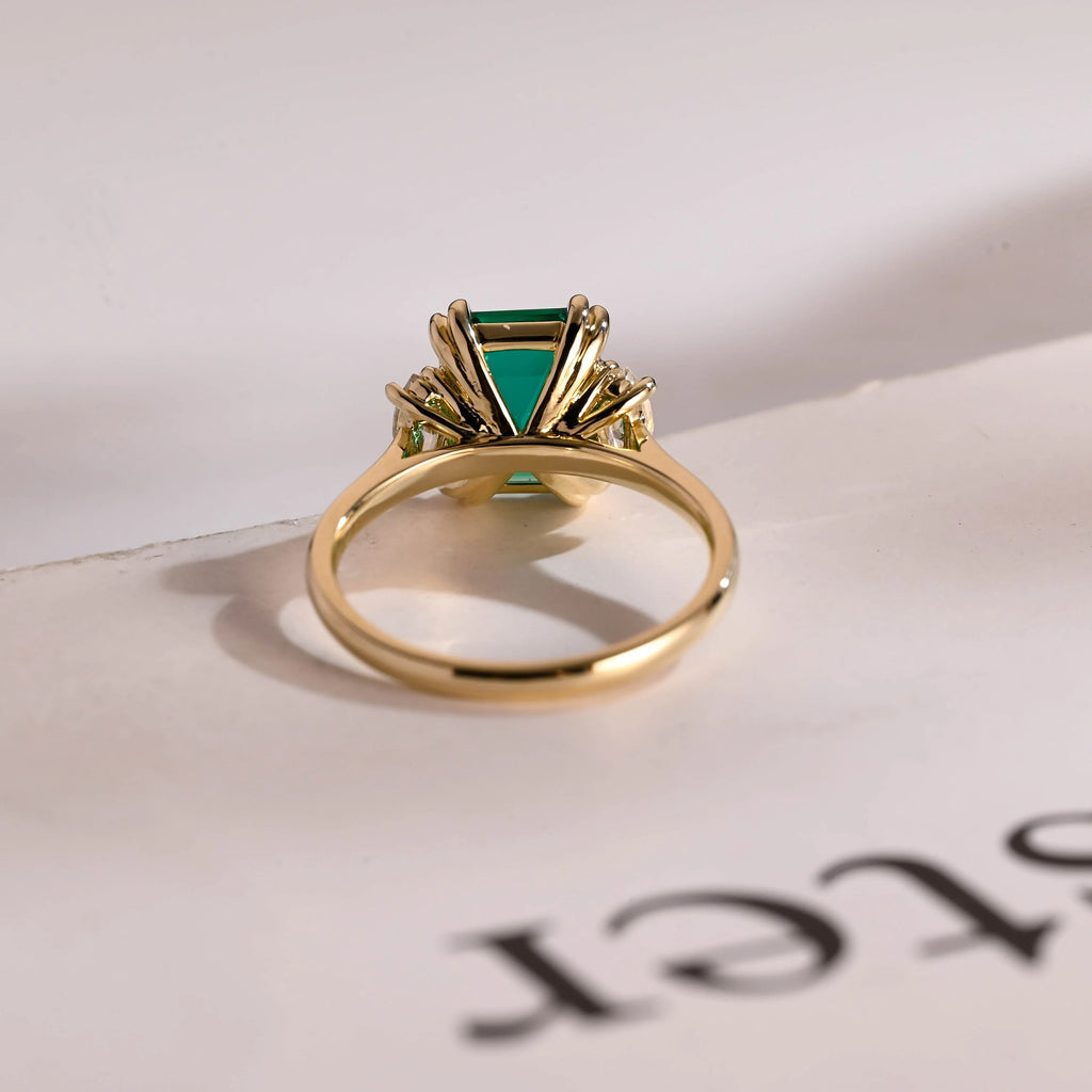 Lab Grown Emerald Engagement Ring, Solid Gold Three Stone Ring, Gift for Her