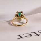 Lab Grown Emerald Engagement Ring, Solid Gold Three Stone Ring, Gift for Her