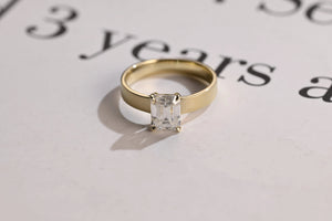 Solid Gold Satin 4mm Band Emerald Cut Moissanite Engagement Ring, Handmade Promise Ring