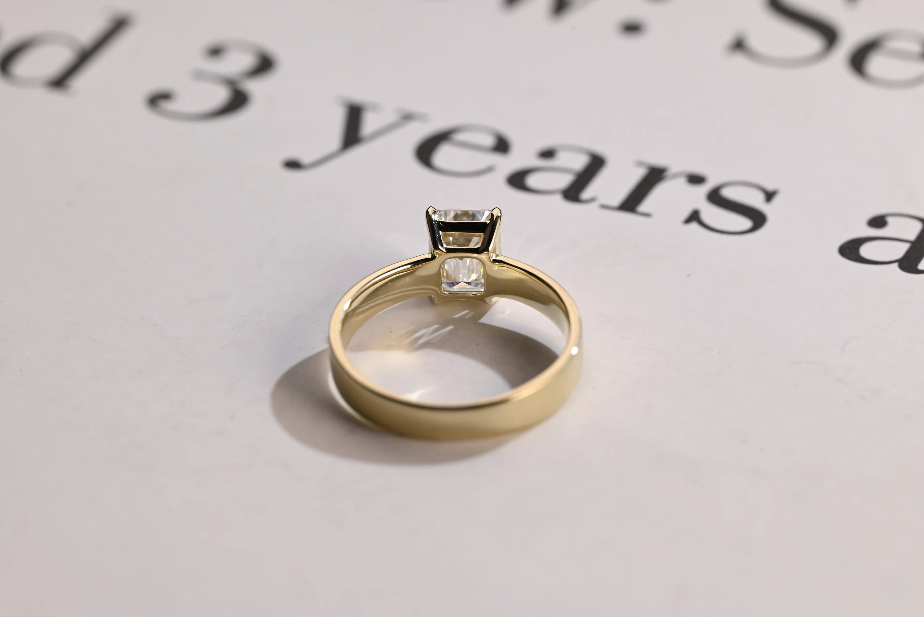 Solid Gold Satin 4mm Band Emerald Cut Moissanite Engagement Ring, Handmade Promise Ring