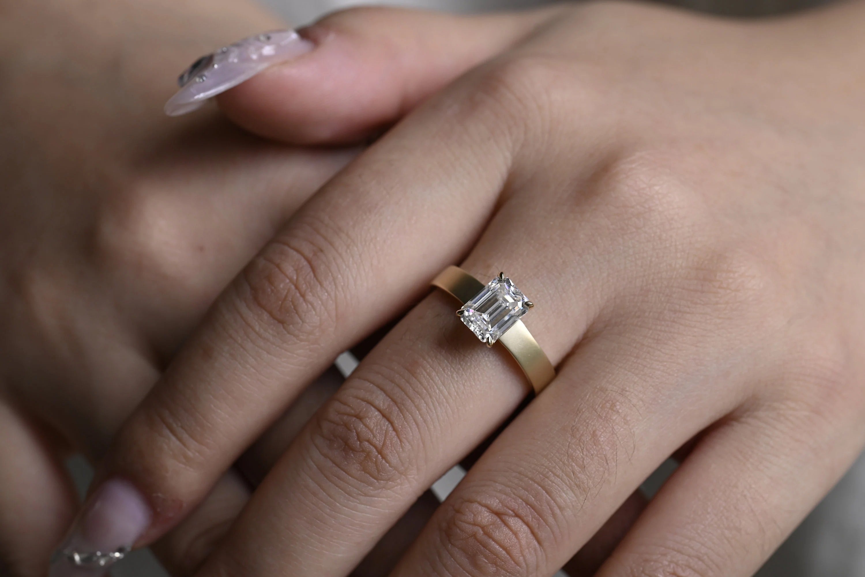 Solid Gold Satin 4mm Band Emerald Cut Moissanite Engagement Ring, Handmade Promise Ring