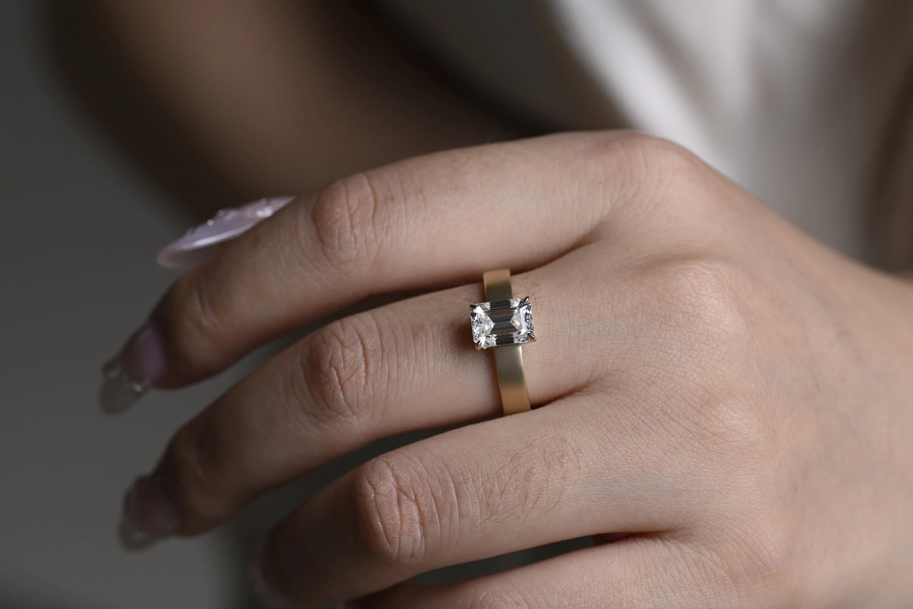 Solid Gold Satin 4mm Band Emerald Cut Moissanite Engagement Ring, Handmade Promise Ring