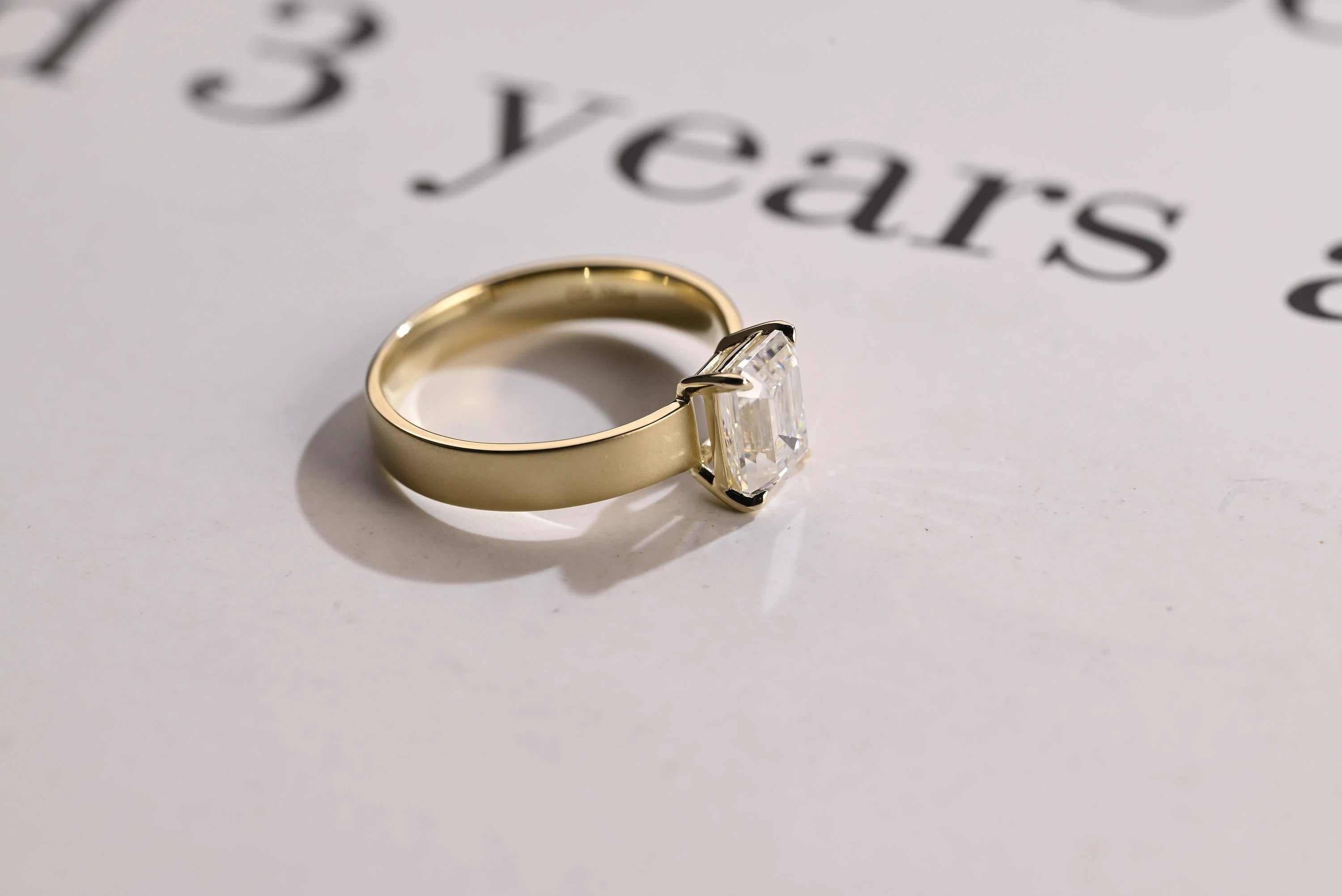 Solid Gold Satin 4mm Band Emerald Cut Moissanite Engagement Ring, Handmade Promise Ring