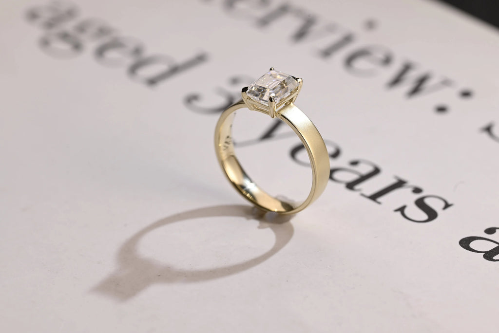Solid Gold Satin 4mm Band Emerald Cut Moissanite Engagement Ring, Handmade Promise Ring