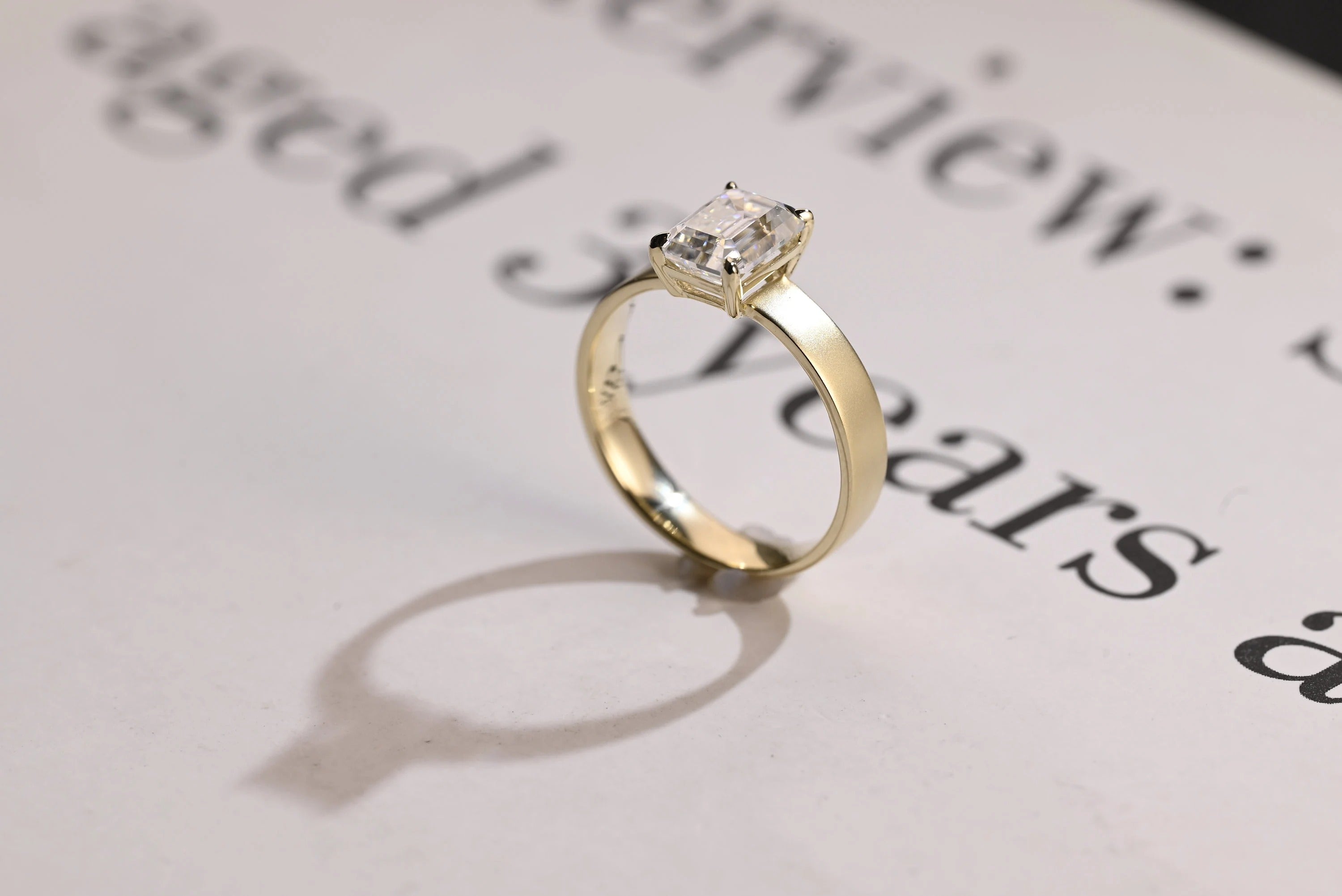 Solid Gold Satin 4mm Band Emerald Cut Moissanite Engagement Ring, Handmade Promise Ring