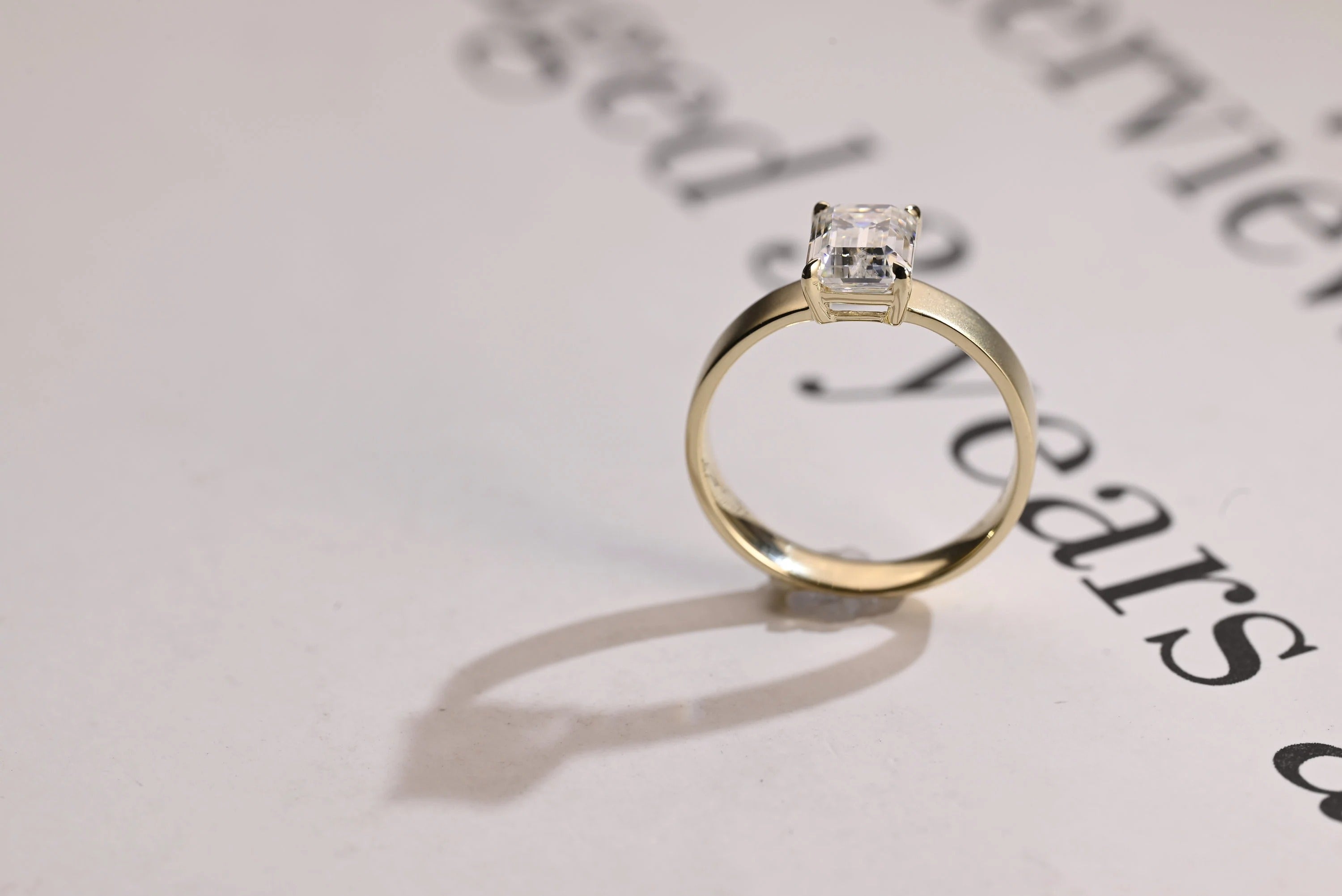 Solid Gold Satin 4mm Band Emerald Cut Moissanite Engagement Ring, Handmade Promise Ring