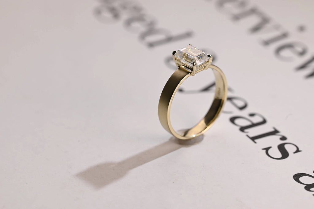 Solid Gold Satin 4mm Band Emerald Cut Moissanite Engagement Ring, Handmade Promise Ring