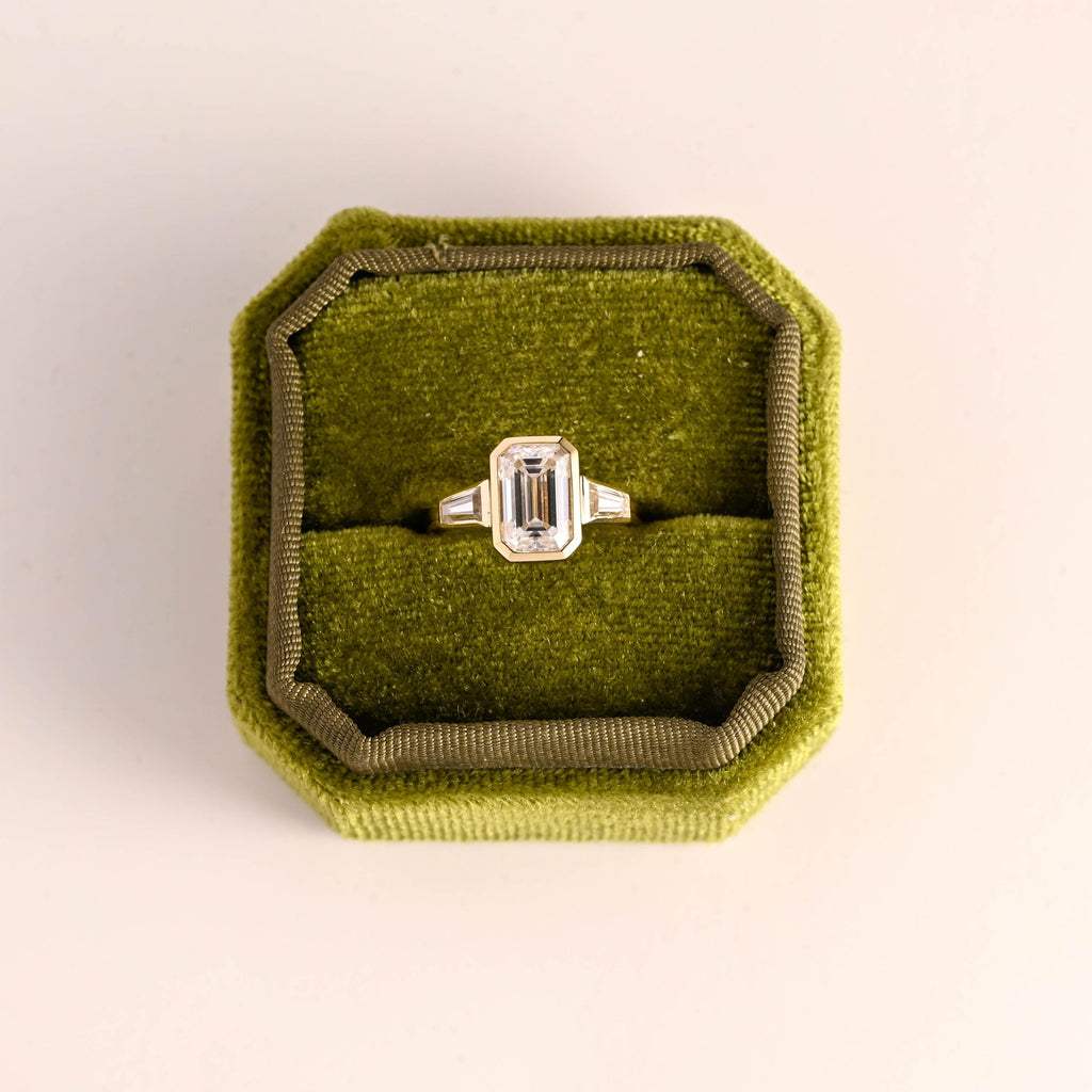Elongated Emerald Cut Diamond Engagement Ring, Solid Gold Diamond Bezel Three Stone Ring, Anniversary Gift