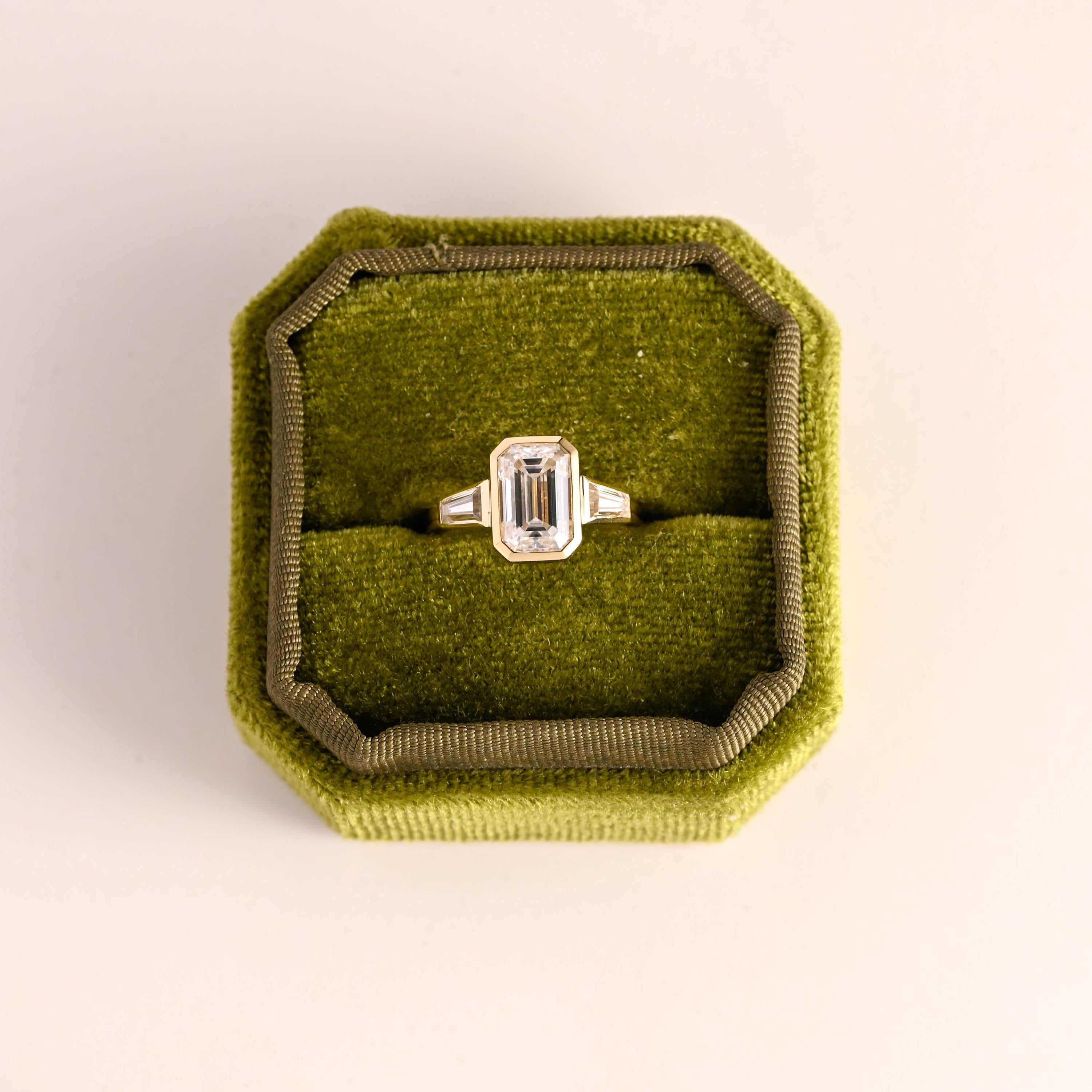 Elongated Emerald Cut Diamond Engagement Ring, Solid Gold Diamond Bezel Three Stone Ring, Anniversary Gift