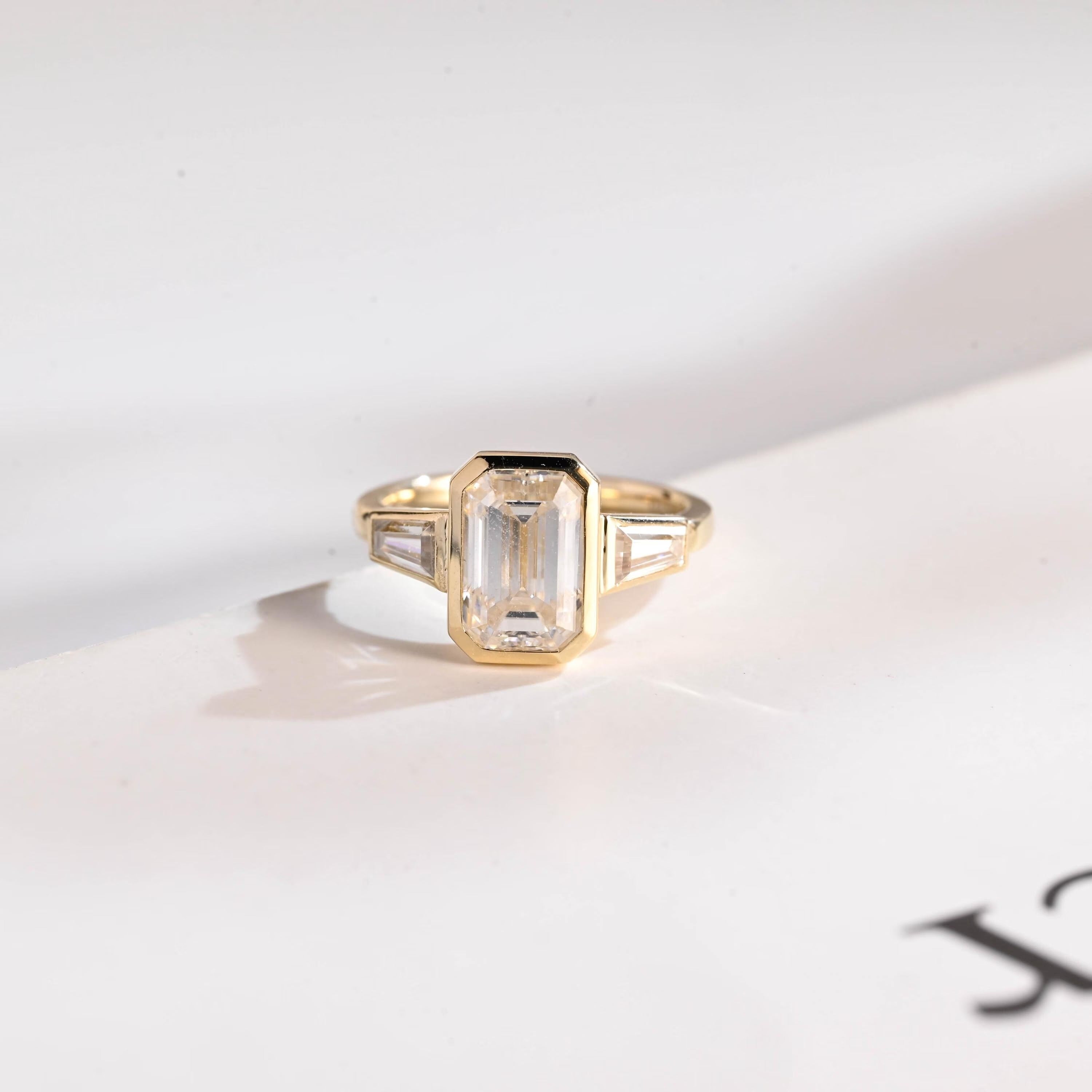 Elongated Emerald Cut Diamond Engagement Ring, Solid Gold Diamond Bezel Three Stone Ring, Anniversary Gift Main image