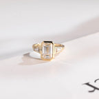 Elongated Emerald Cut Diamond Engagement Ring, Solid Gold Diamond Bezel Three Stone Ring, Anniversary Gift