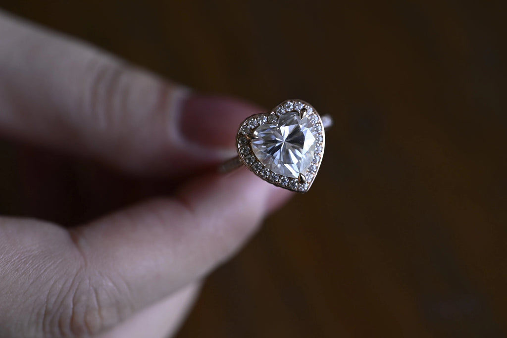 Solid Gold Halo Heart Cut Moissanite Engagement Ring