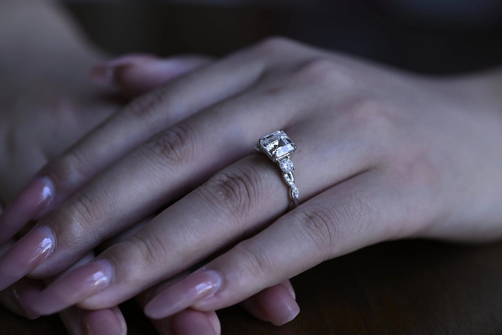 Solid Gold Asscher Cut Moissanite Engagement Ring, Gift for Her,