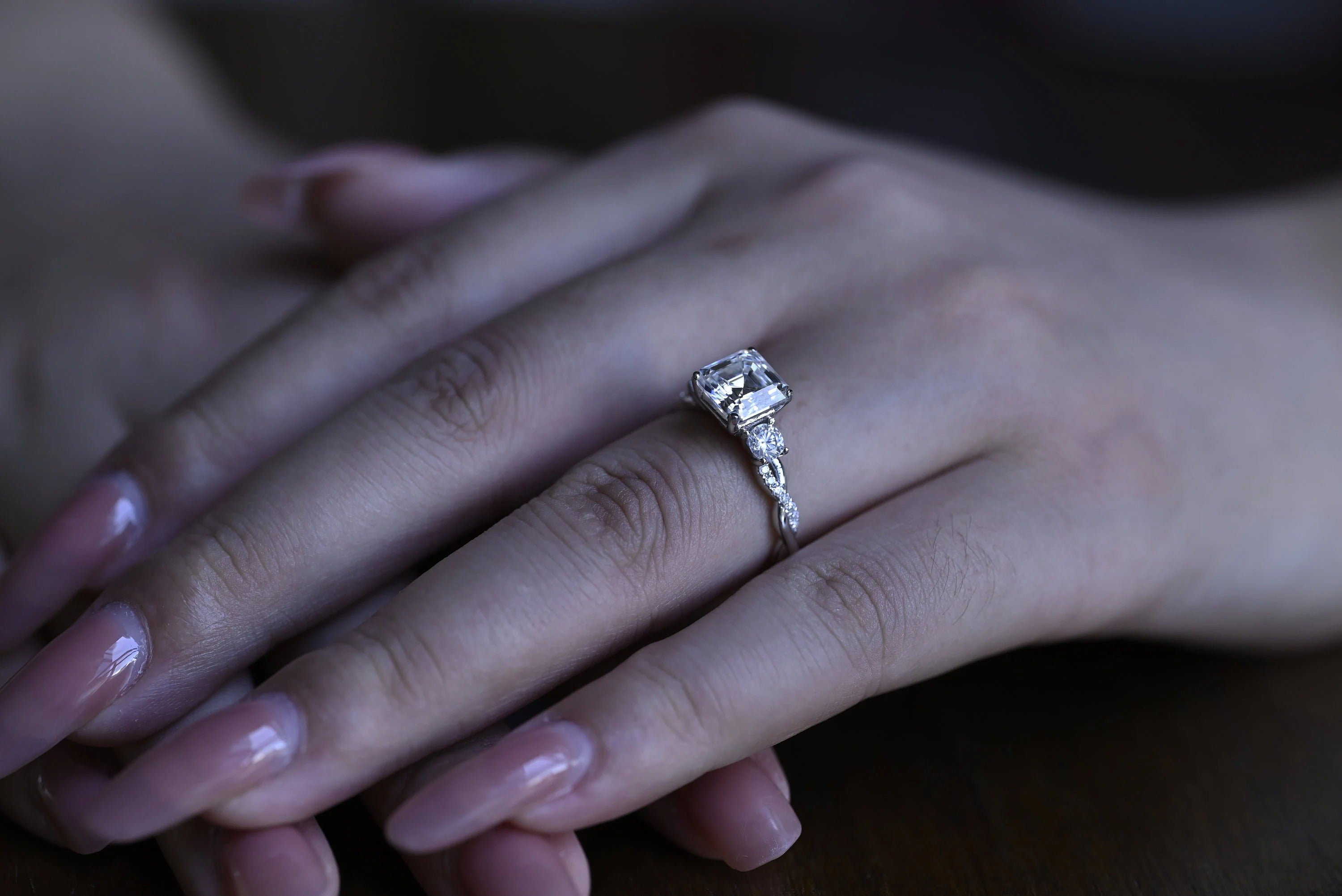 Solid Gold Asscher Cut Moissanite Engagement Ring, Gift for Her,