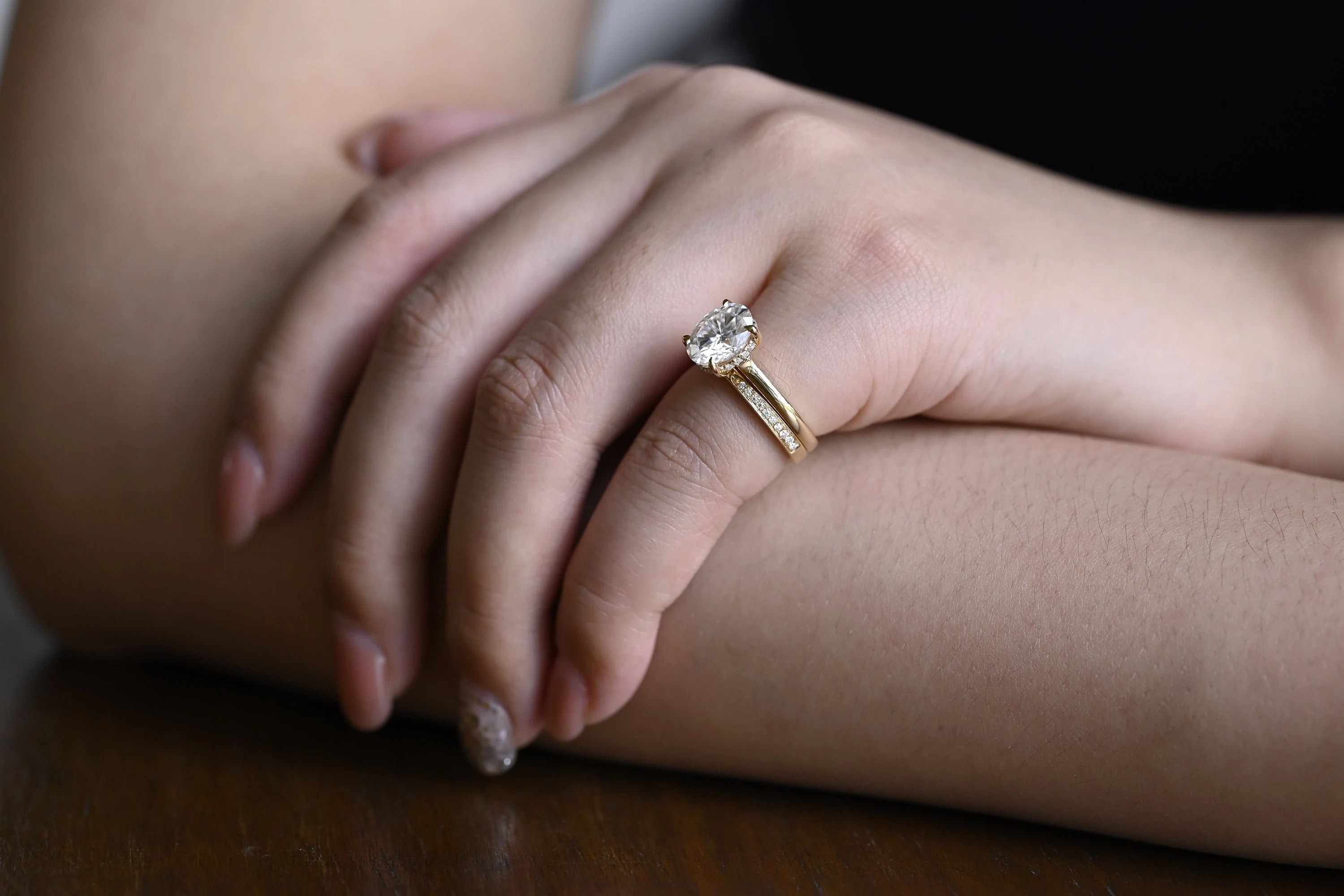 Solid Gold Oval Cut Moissanite Engagement Ring and Wedding Band Set, Gift for Her