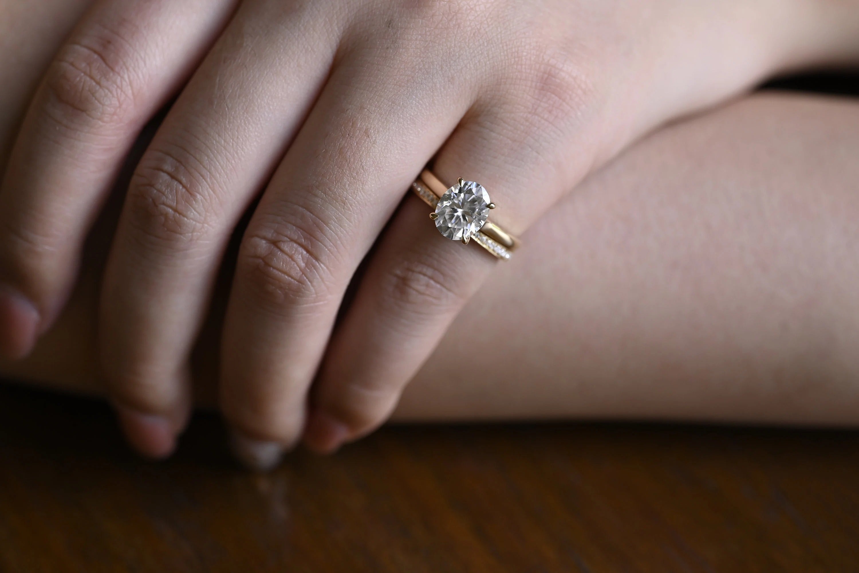 Solid Gold Oval Cut Moissanite Engagement Ring and Wedding Band Set, Gift for Her