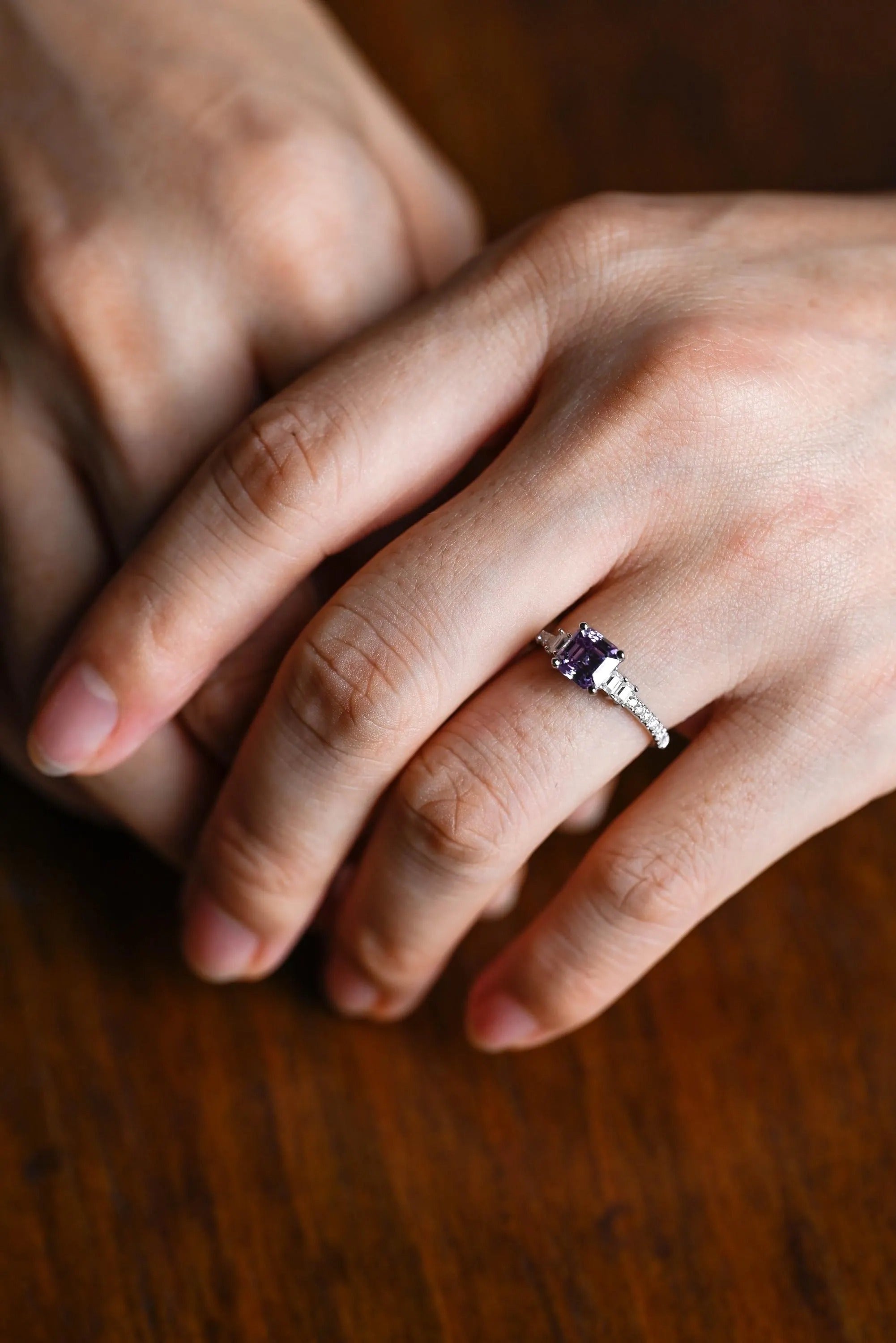 Solid Gold Asscher Cut Purple Lab Grown Sapphire Engagement Ring