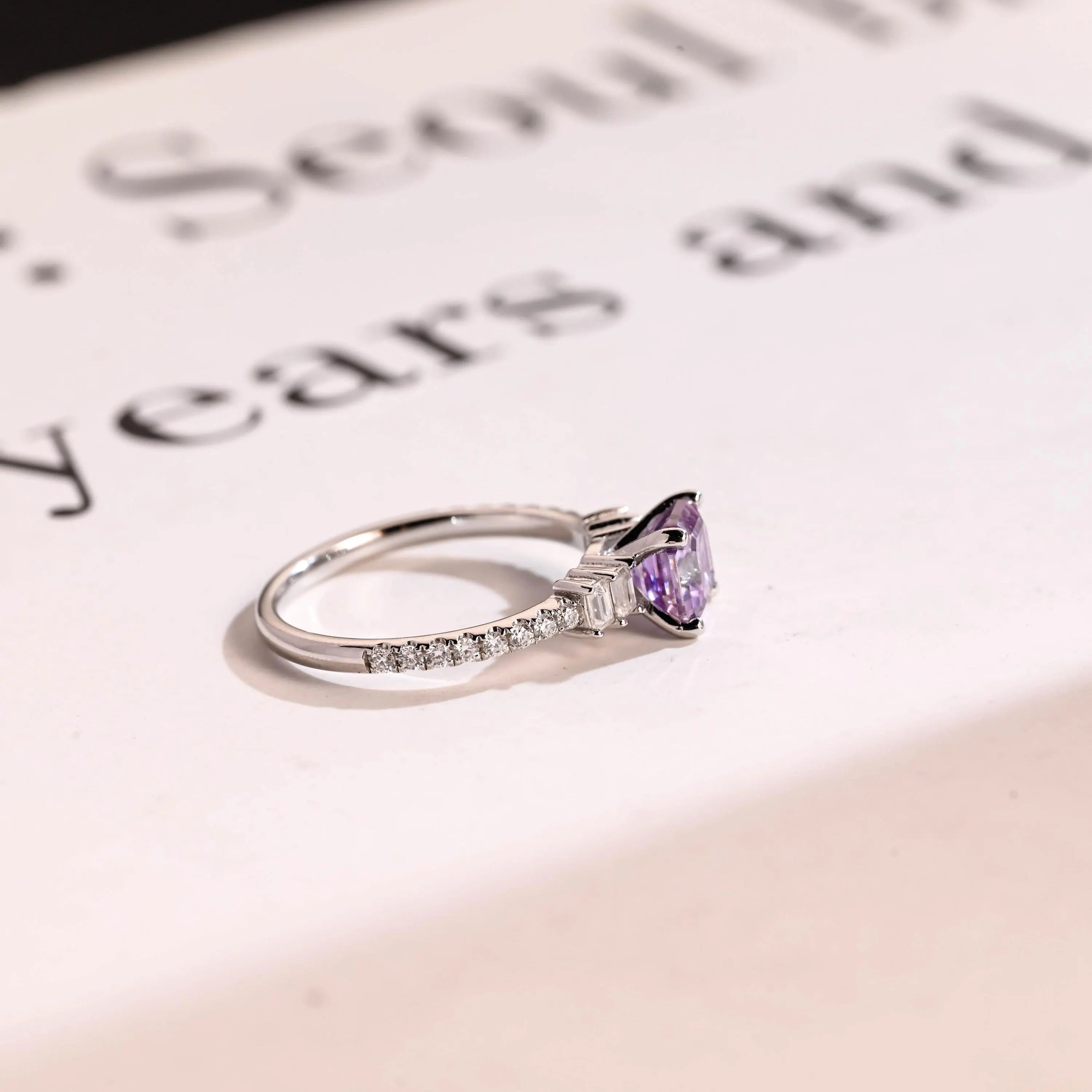 Solid Gold Asscher Cut Purple Lab Grown Sapphire Engagement Ring