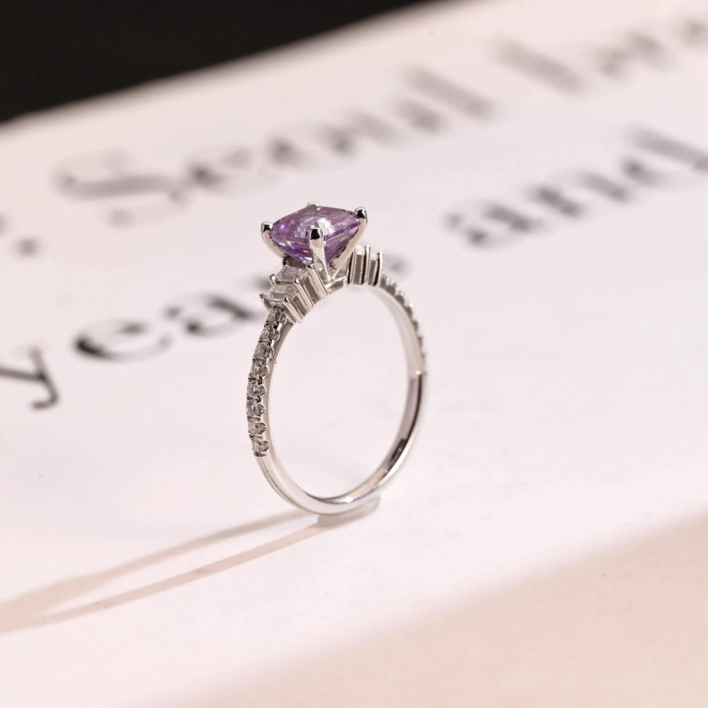Solid Gold Asscher Cut Purple Lab Grown Sapphire Engagement Ring