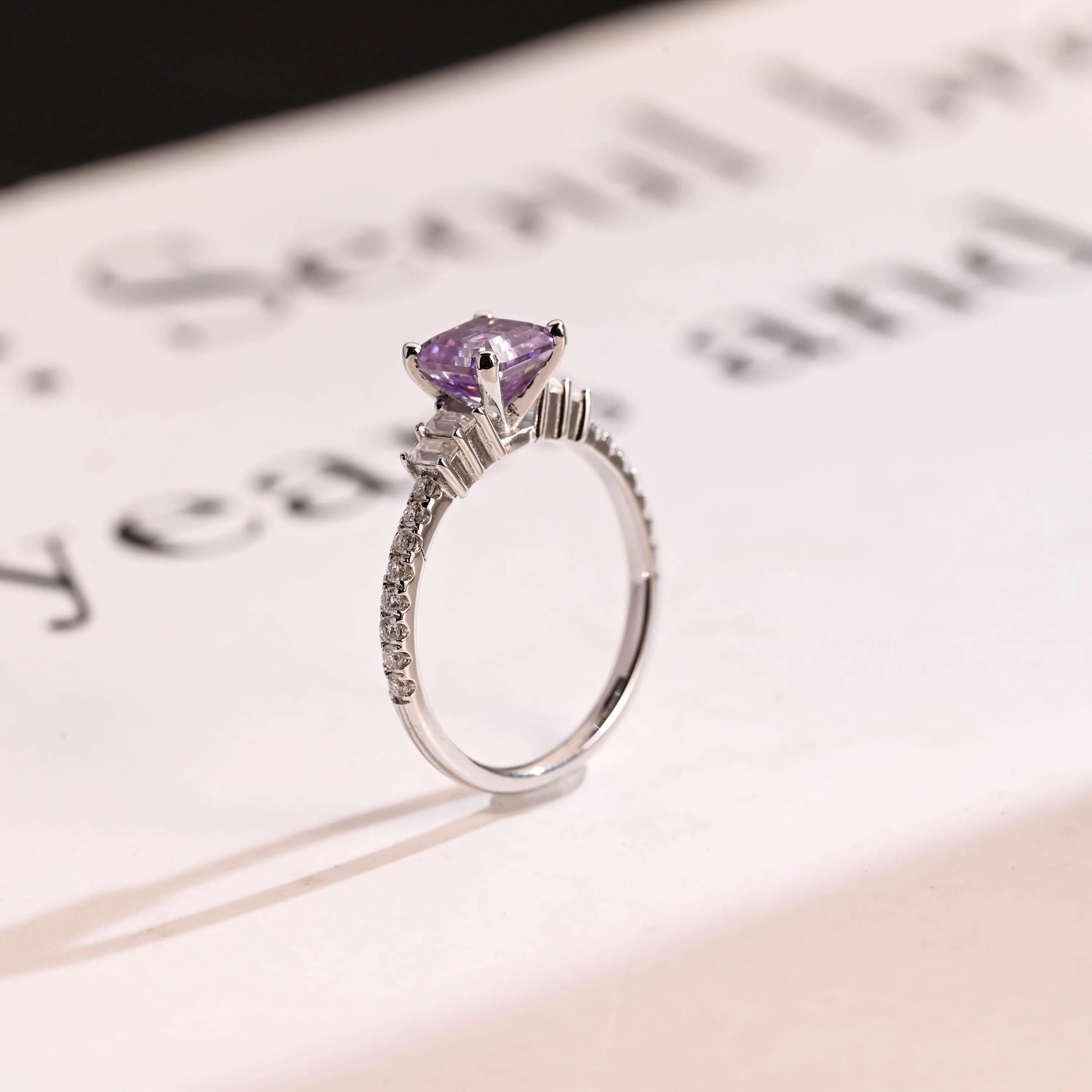 Solid Gold Asscher Cut Purple Lab Grown Sapphire Engagement Ring