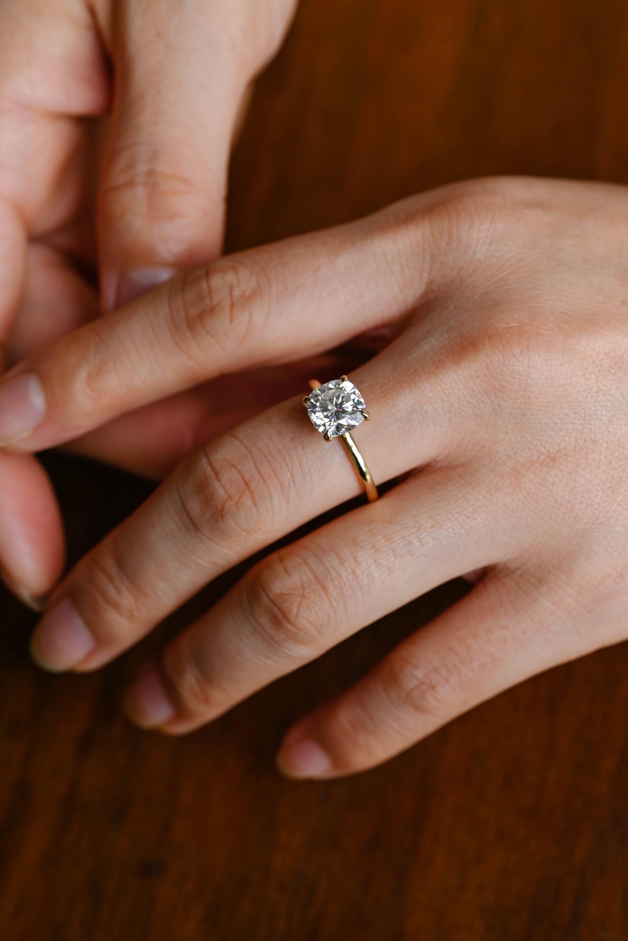 Solid Gold Cushion Cut Moissanite Engagement Ring, Promise Ring