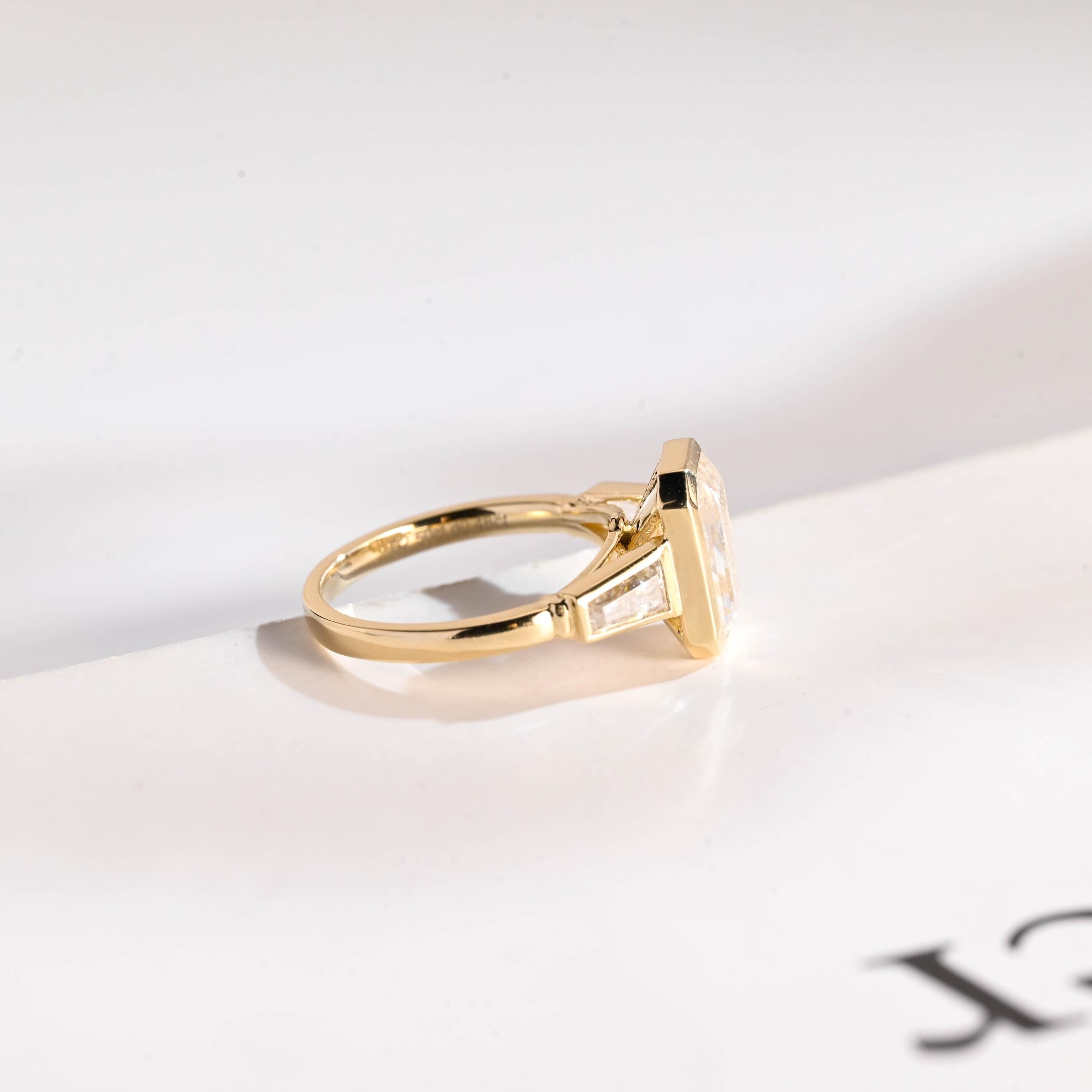 Elongated Emerald Cut Diamond Engagement Ring, Solid Gold Diamond Bezel Three Stone Ring, Anniversary Gift