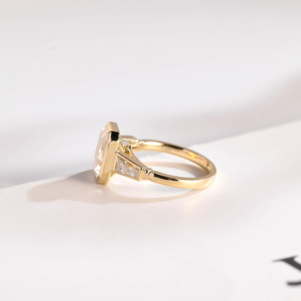 Elongated Emerald Cut Diamond Engagement Ring, Solid Gold Diamond Bezel Three Stone Ring, Anniversary Gift