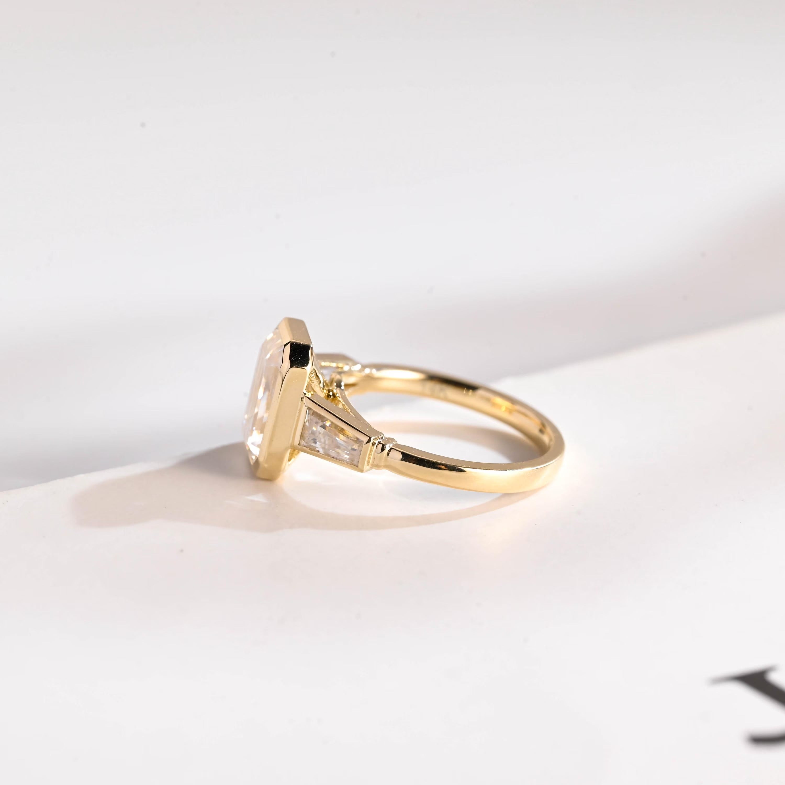 Elongated Emerald Cut Diamond Engagement Ring, Solid Gold Diamond Bezel Three Stone Ring, Anniversary Gift