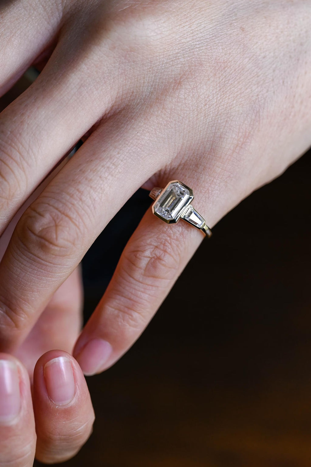 Elongated Emerald Cut Diamond Engagement Ring, Solid Gold Diamond Bezel Three Stone Ring, Anniversary Gift