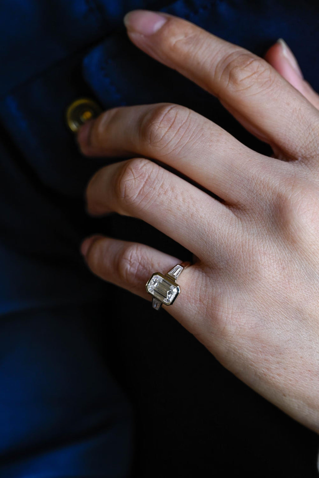 Elongated Emerald Cut Diamond Engagement Ring, Solid Gold Diamond Bezel Three Stone Ring, Anniversary Gift
