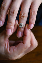 Elongated Emerald Cut Diamond Engagement Ring, Solid Gold Diamond Bezel Three Stone Ring, Anniversary Gift