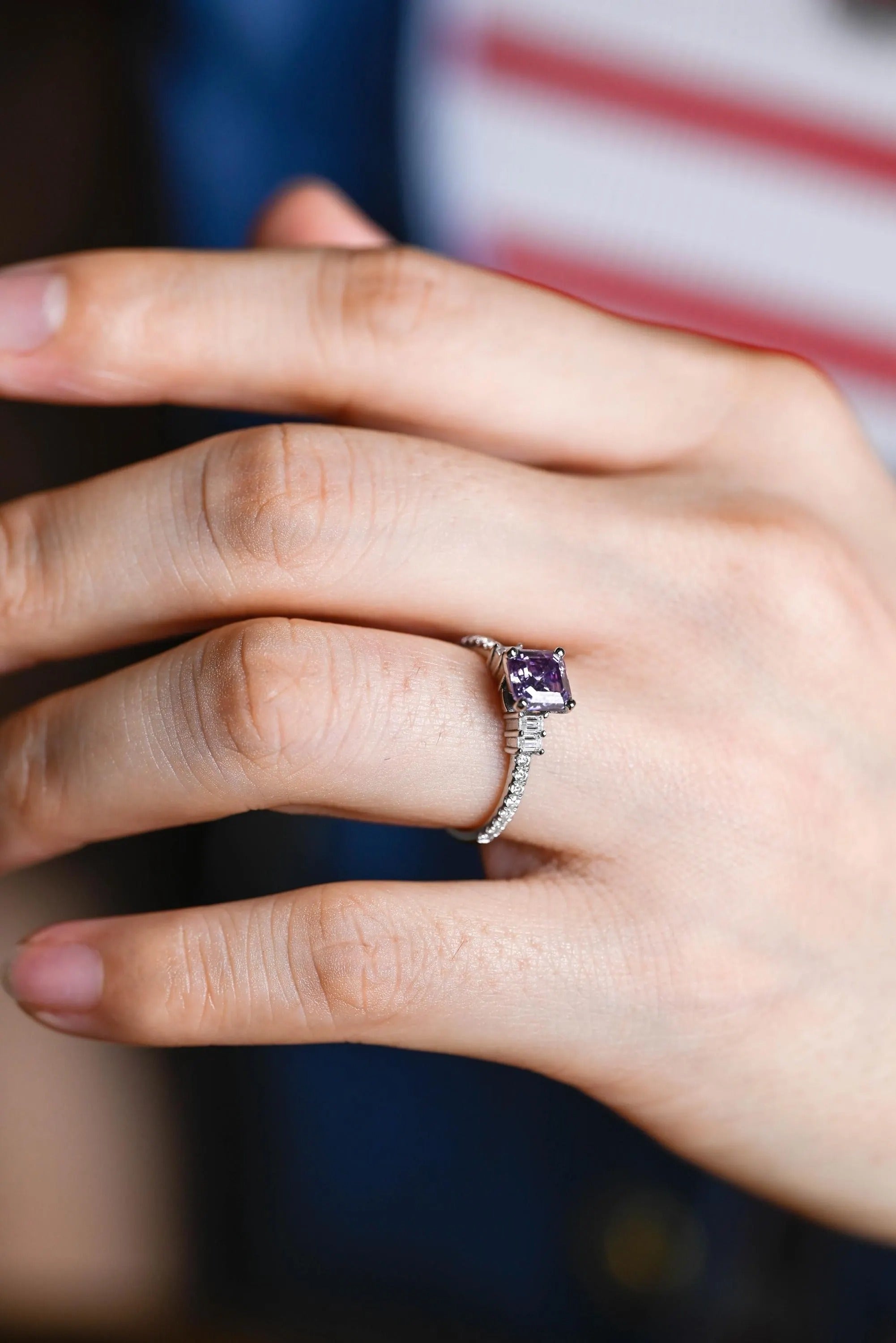 Solid Gold Asscher Cut Purple Lab Grown Sapphire Engagement Ring