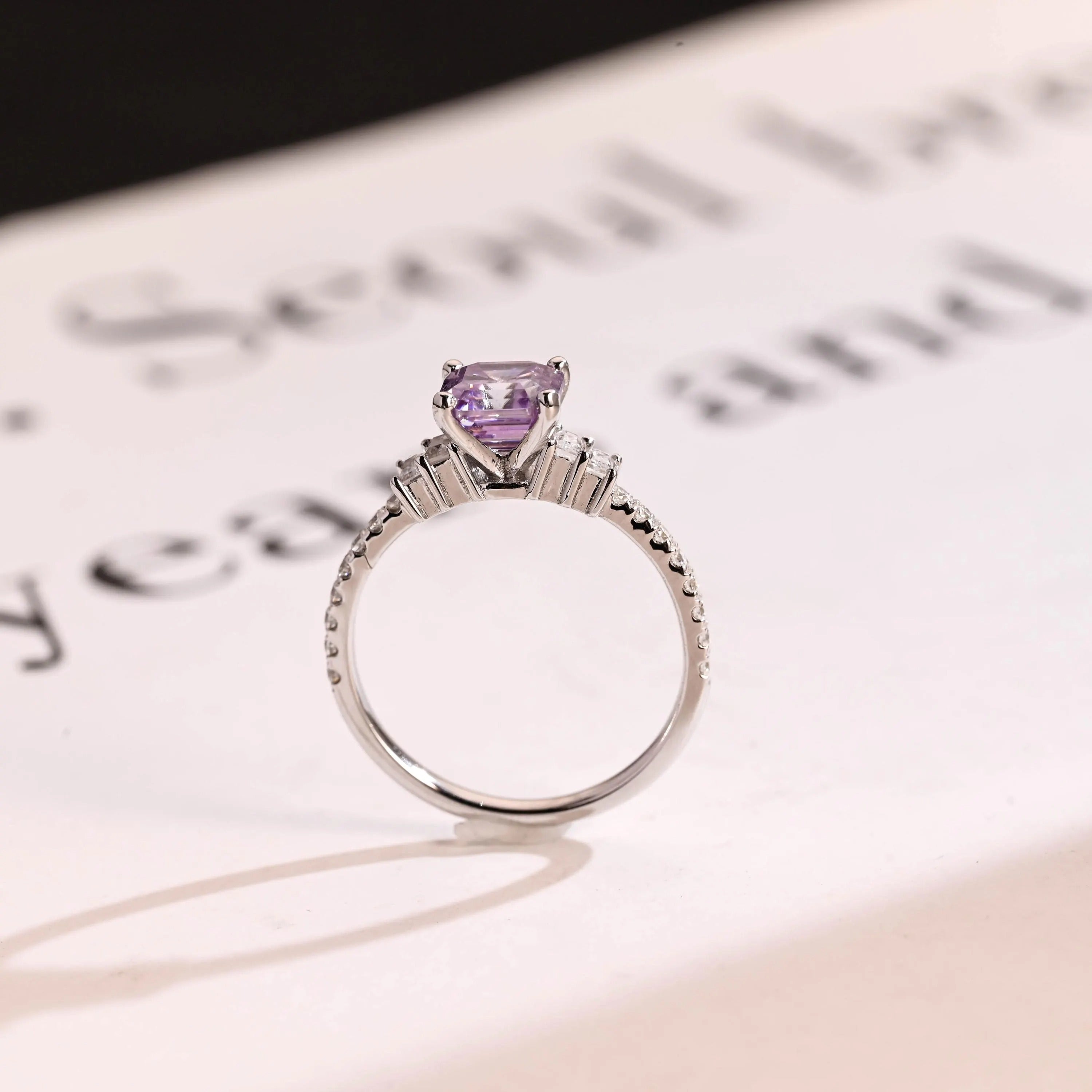 Solid Gold Asscher Cut Purple Lab Grown Sapphire Engagement Ring