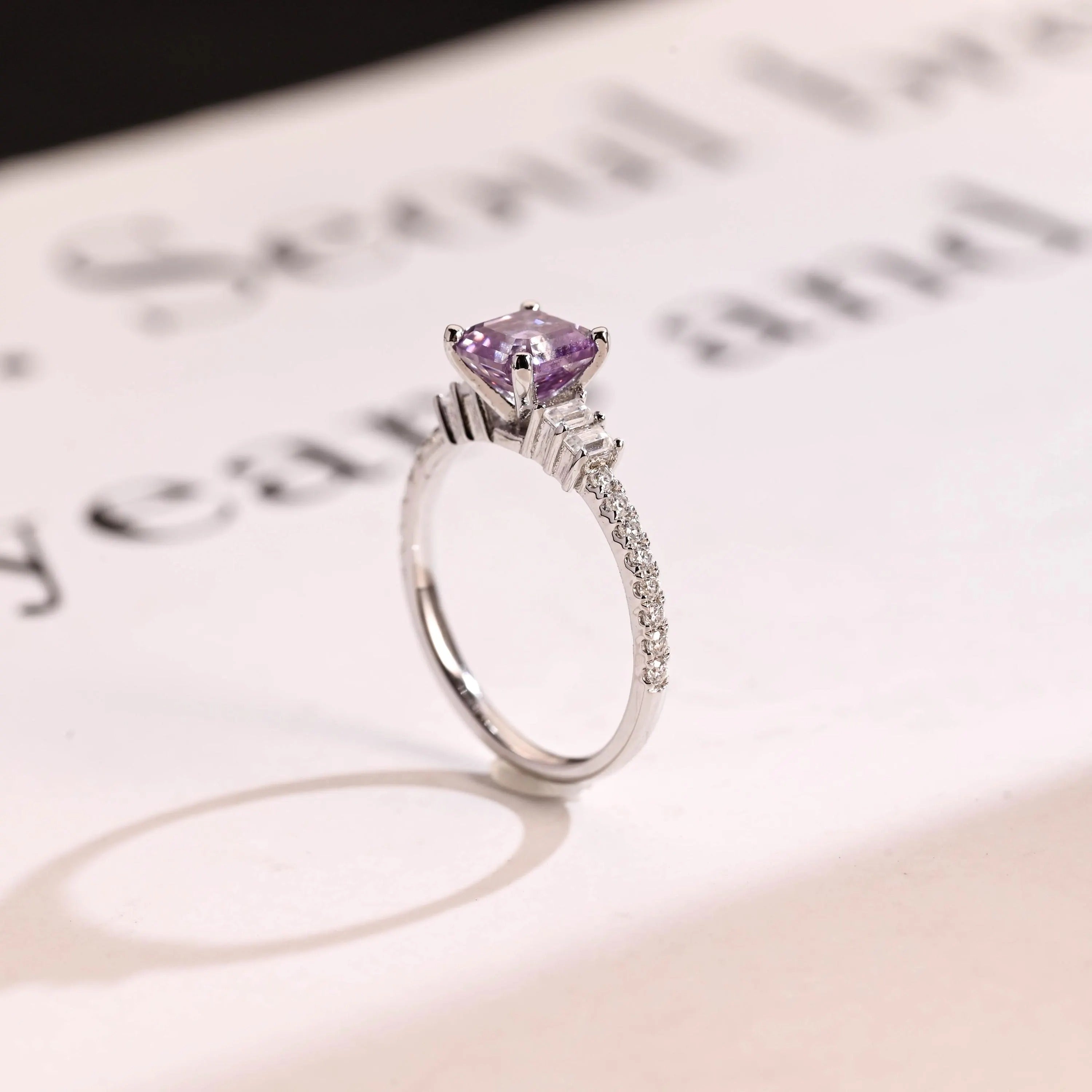Solid Gold Asscher Cut Purple Lab Grown Sapphire Engagement Ring