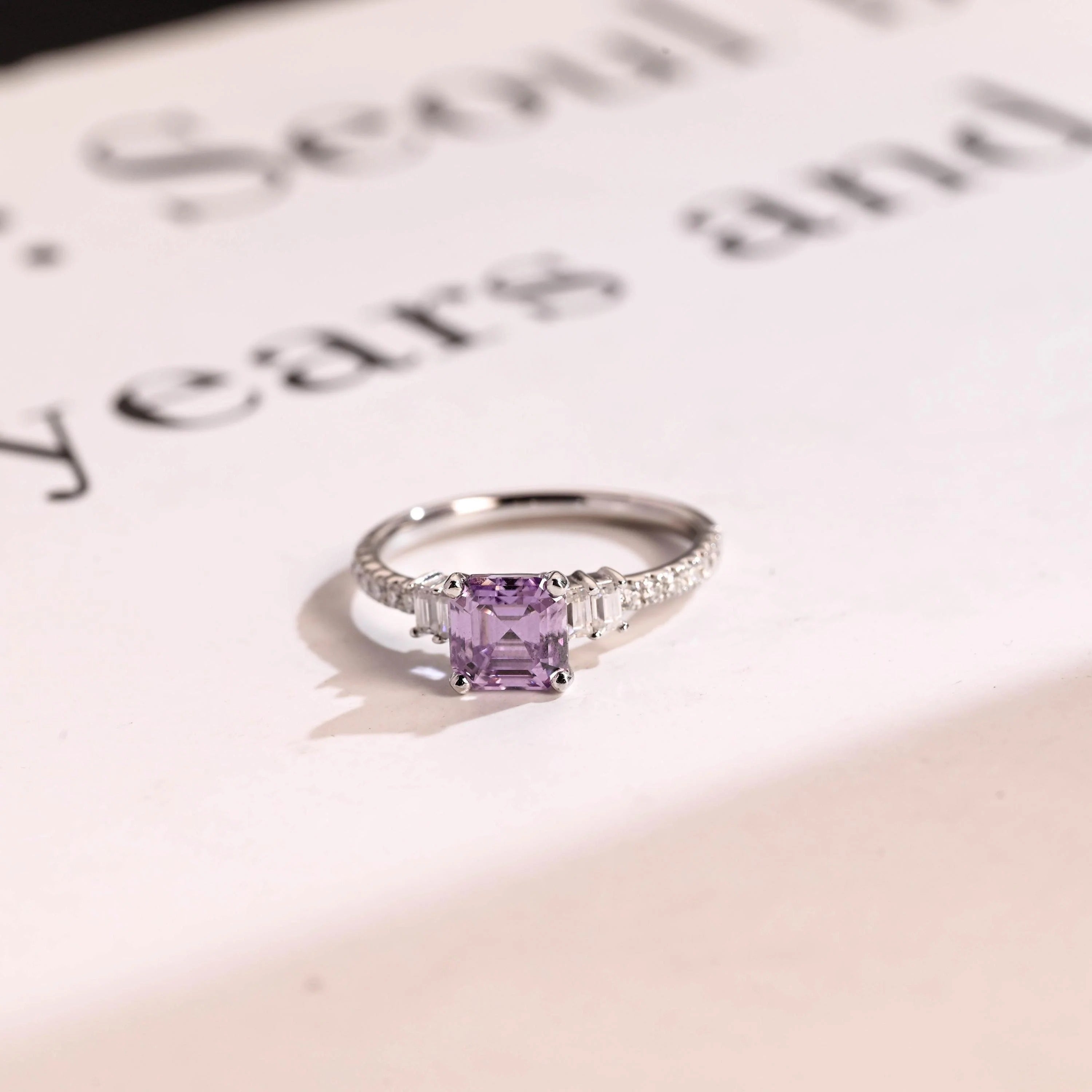 Solid Gold Asscher Cut Purple Lab Grown Sapphire Engagement Ring Main image