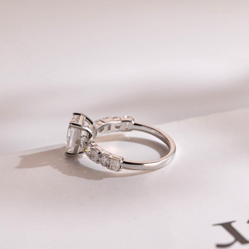 Solid Gold Emerald Cut Moissanite Engagement Ring, Half Pave Promise Ring