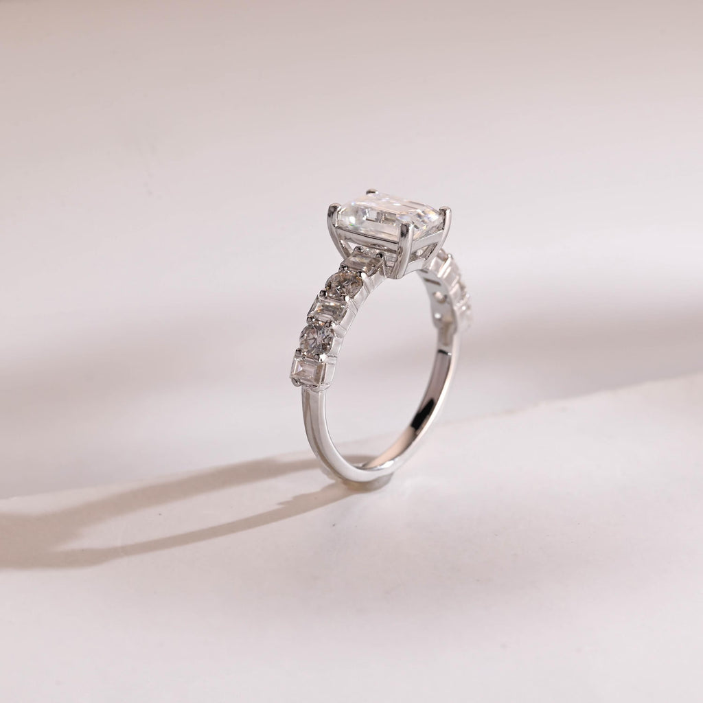 Solid Gold Emerald Cut Moissanite Engagement Ring, Half Pave Promise Ring