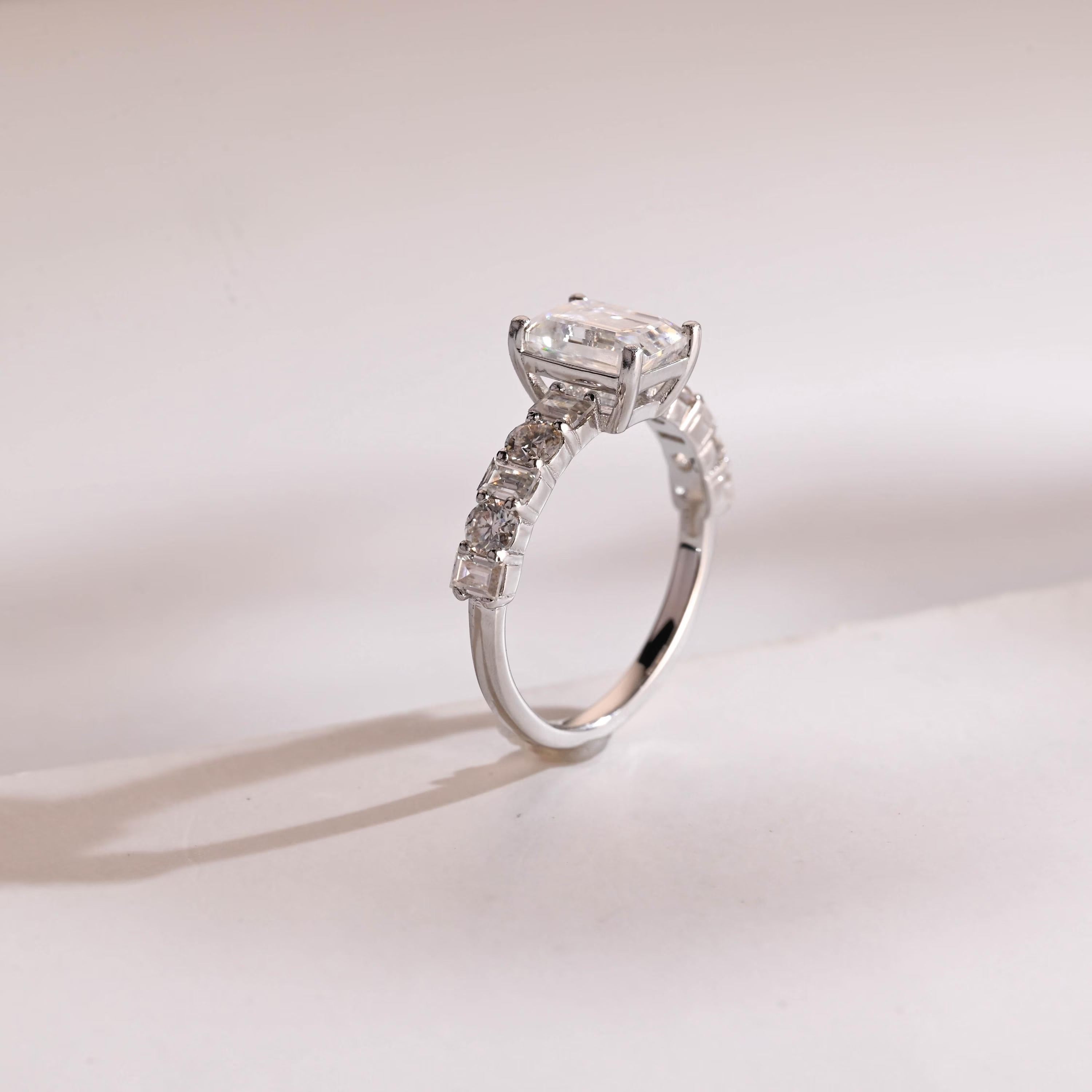 Solid Gold Emerald Cut Moissanite Engagement Ring, Half Pave Promise Ring