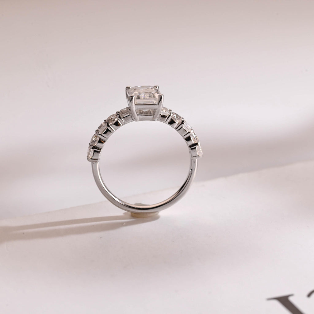 Solid Gold Emerald Cut Moissanite Engagement Ring, Half Pave Promise Ring
