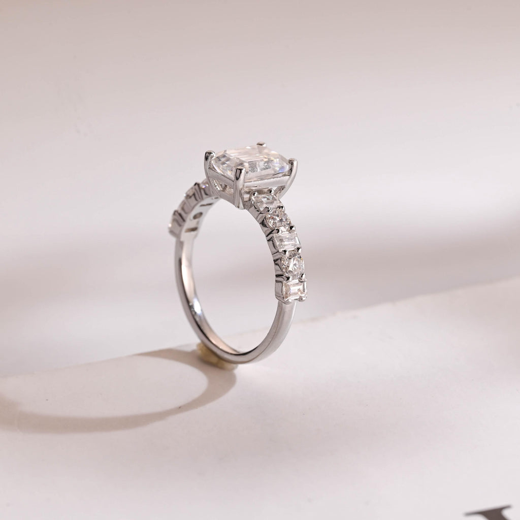 Solid Gold Emerald Cut Moissanite Engagement Ring, Half Pave Promise Ring
