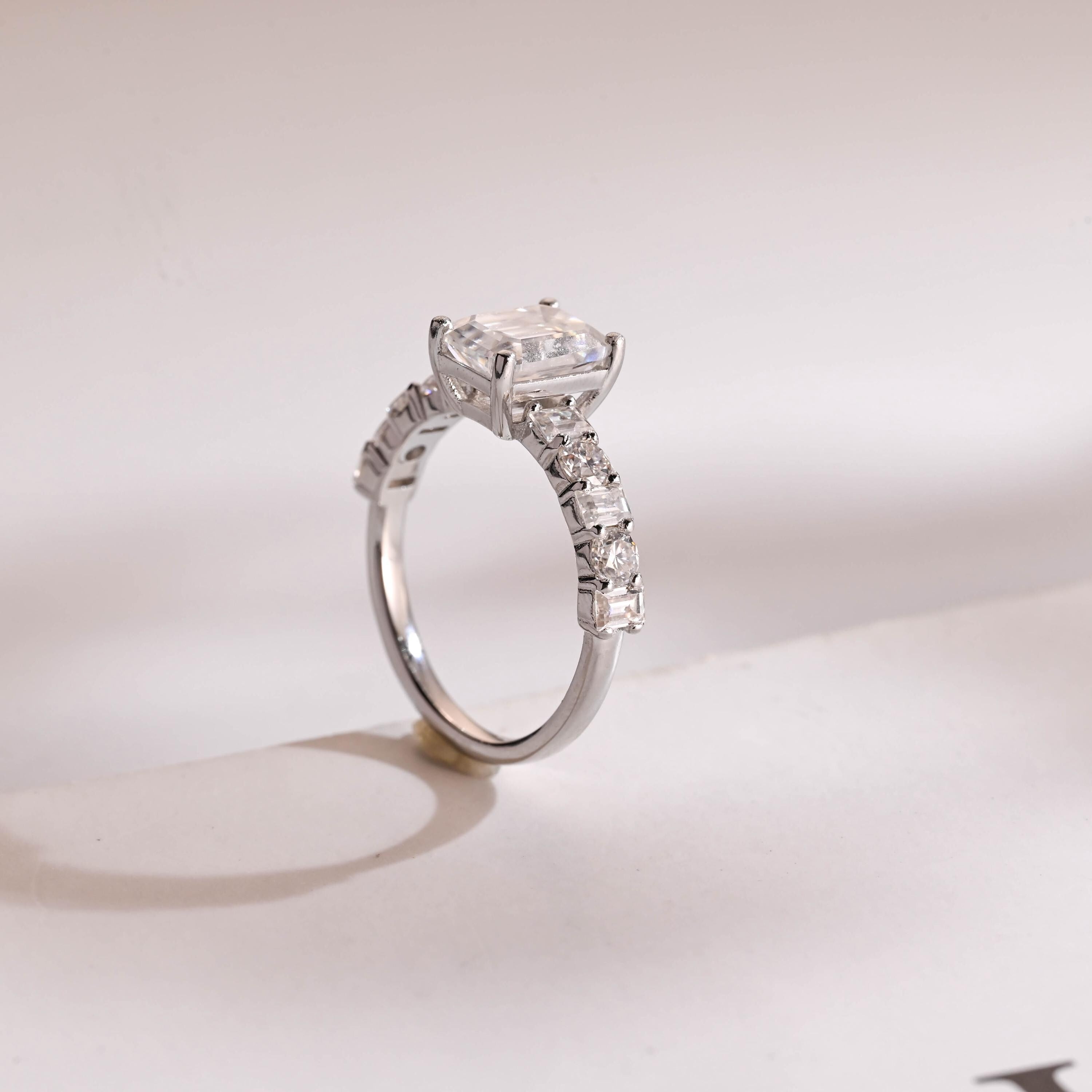 Solid Gold Emerald Cut Moissanite Engagement Ring, Half Pave Promise Ring