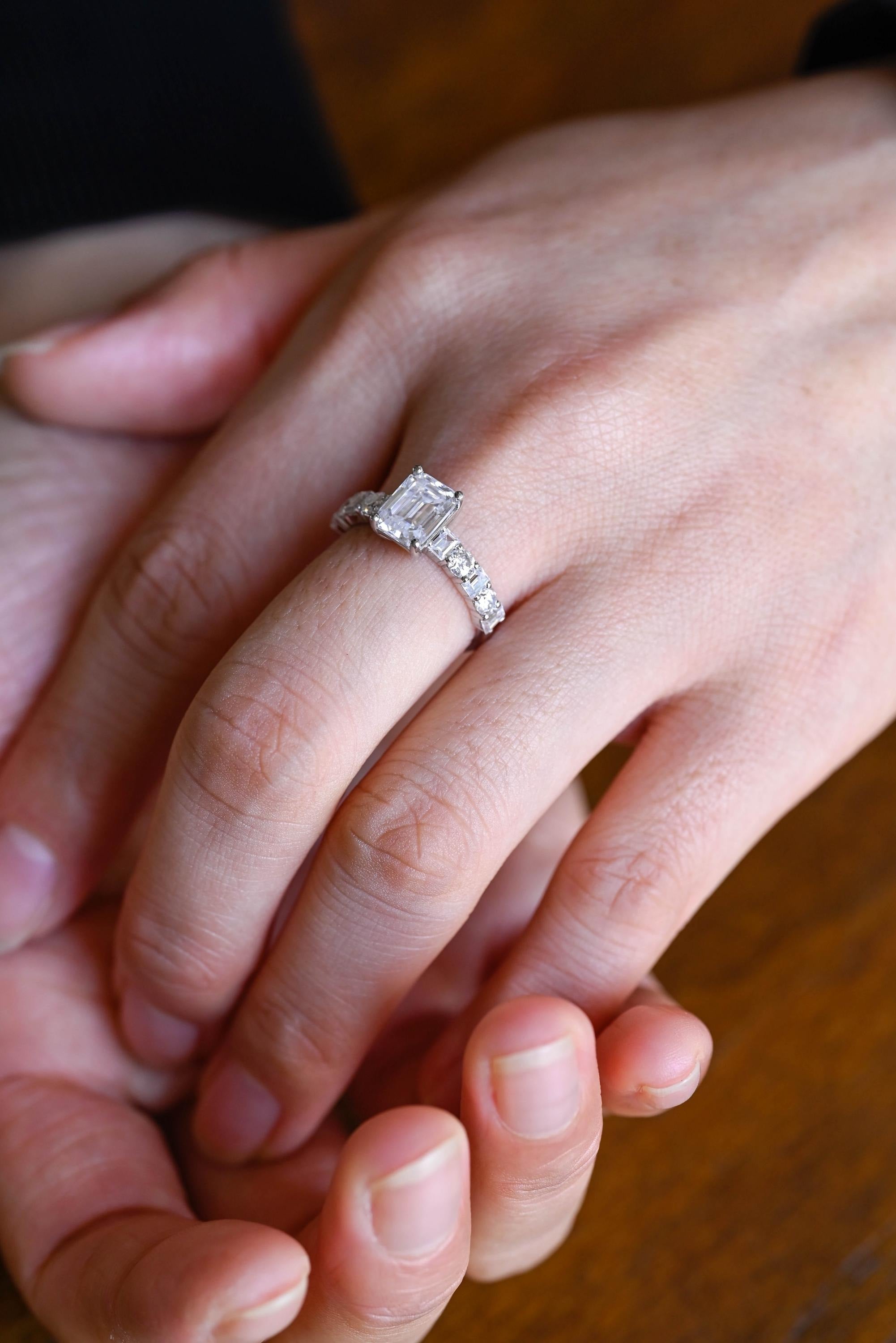 Solid Gold Emerald Cut Moissanite Engagement Ring, Half Pave Promise Ring