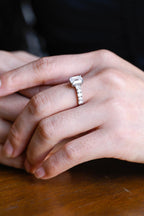 Solid Gold Emerald Cut Moissanite Engagement Ring, Half Pave Promise Ring