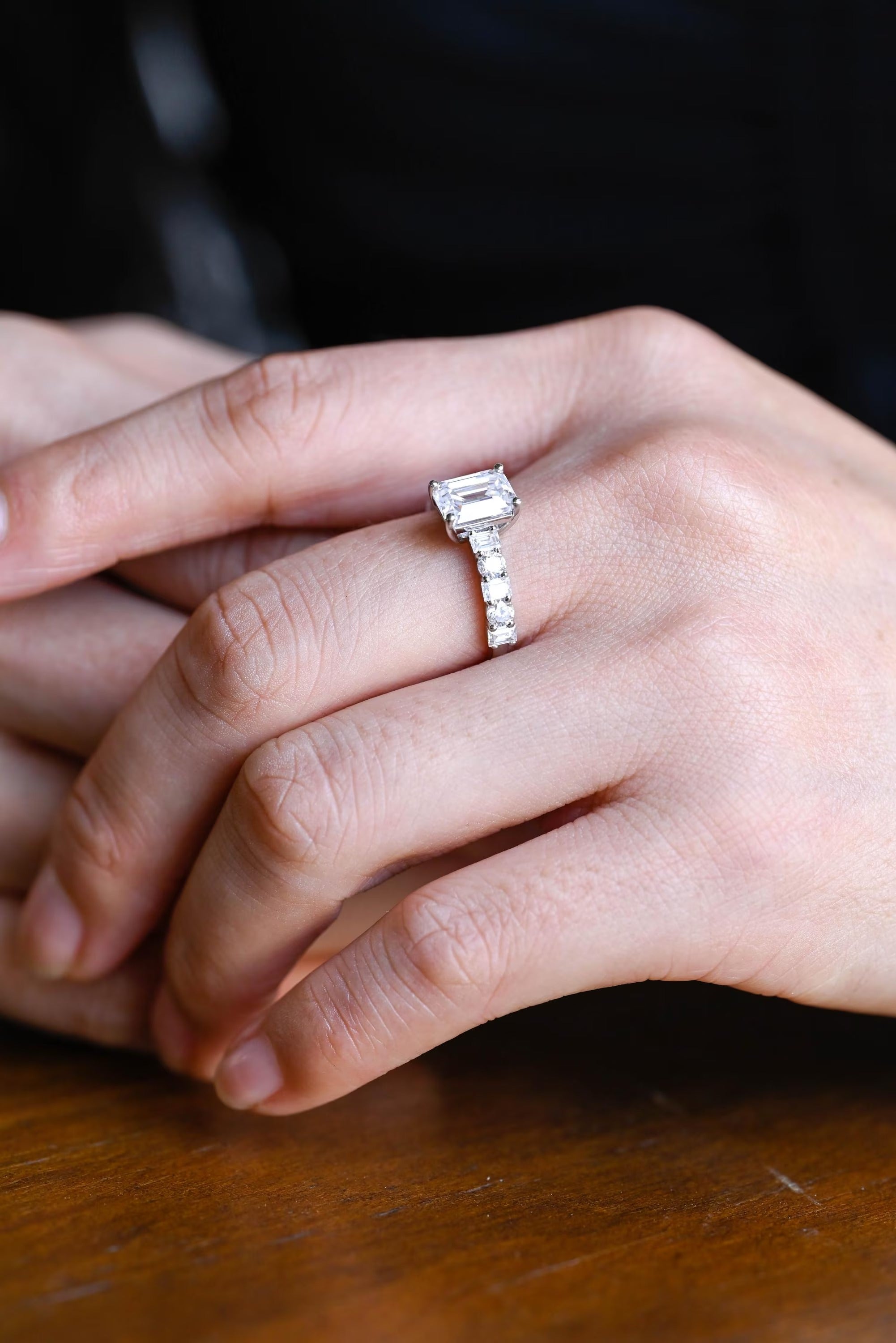 Solid Gold Emerald Cut Moissanite Engagement Ring, Half Pave Promise Ring