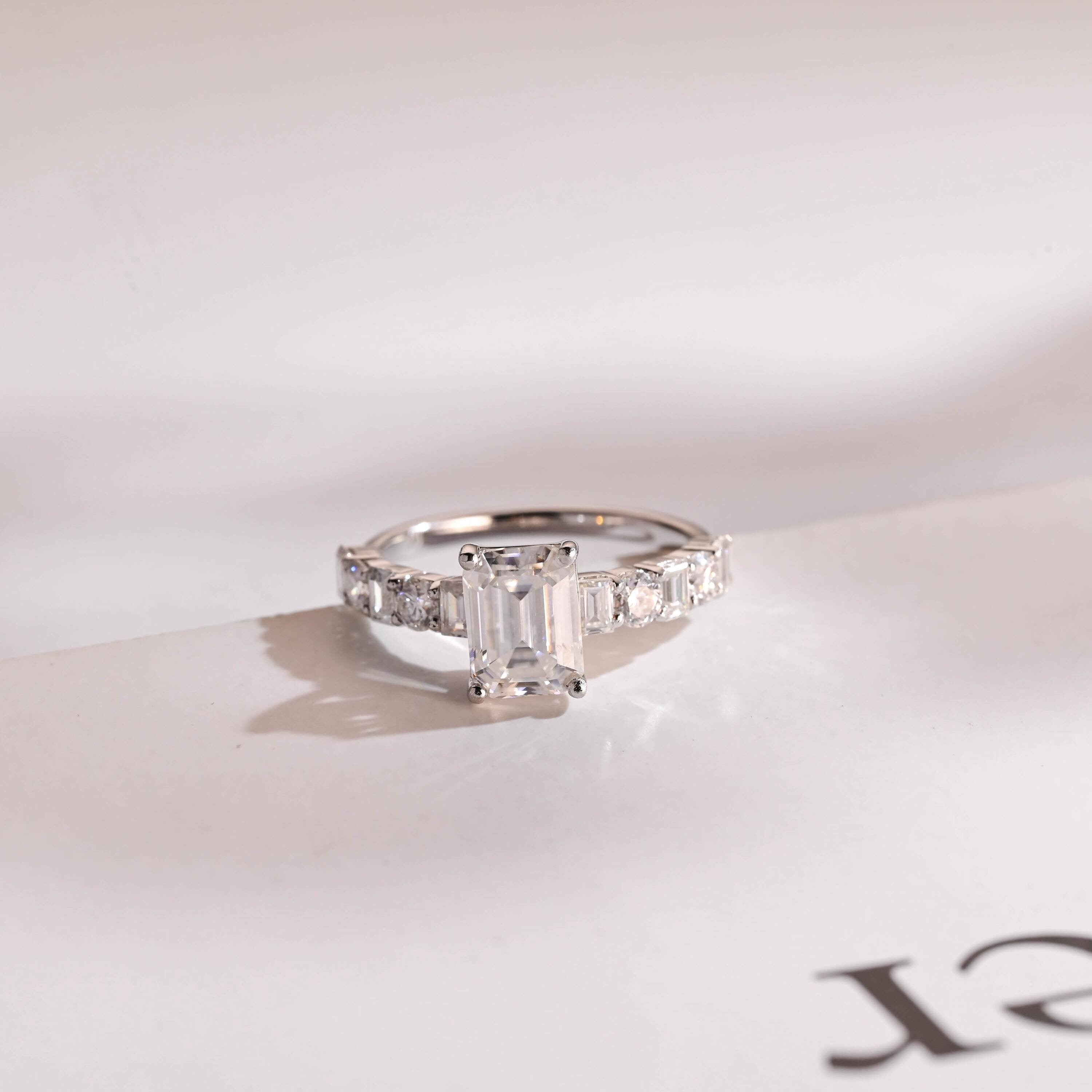Solid Gold Emerald Cut Moissanite Engagement Ring, Half Pave Promise Ring Main image