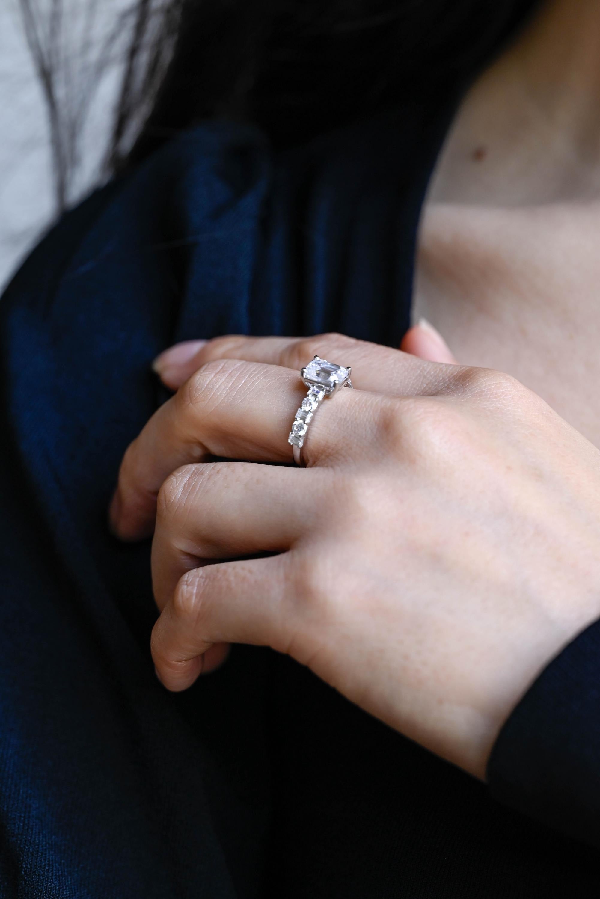 Solid Gold Emerald Cut Moissanite Engagement Ring, Half Pave Promise Ring