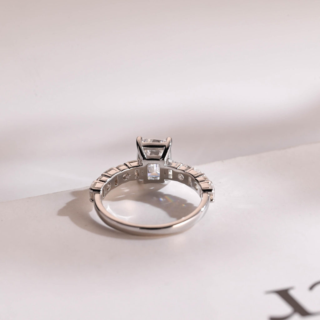 Solid Gold Emerald Cut Moissanite Engagement Ring, Half Pave Promise Ring
